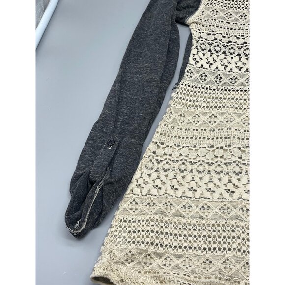 poof long sleeve shirt high low lace striped ivory gray boho cotton blend s armp - Picture 12 of 13